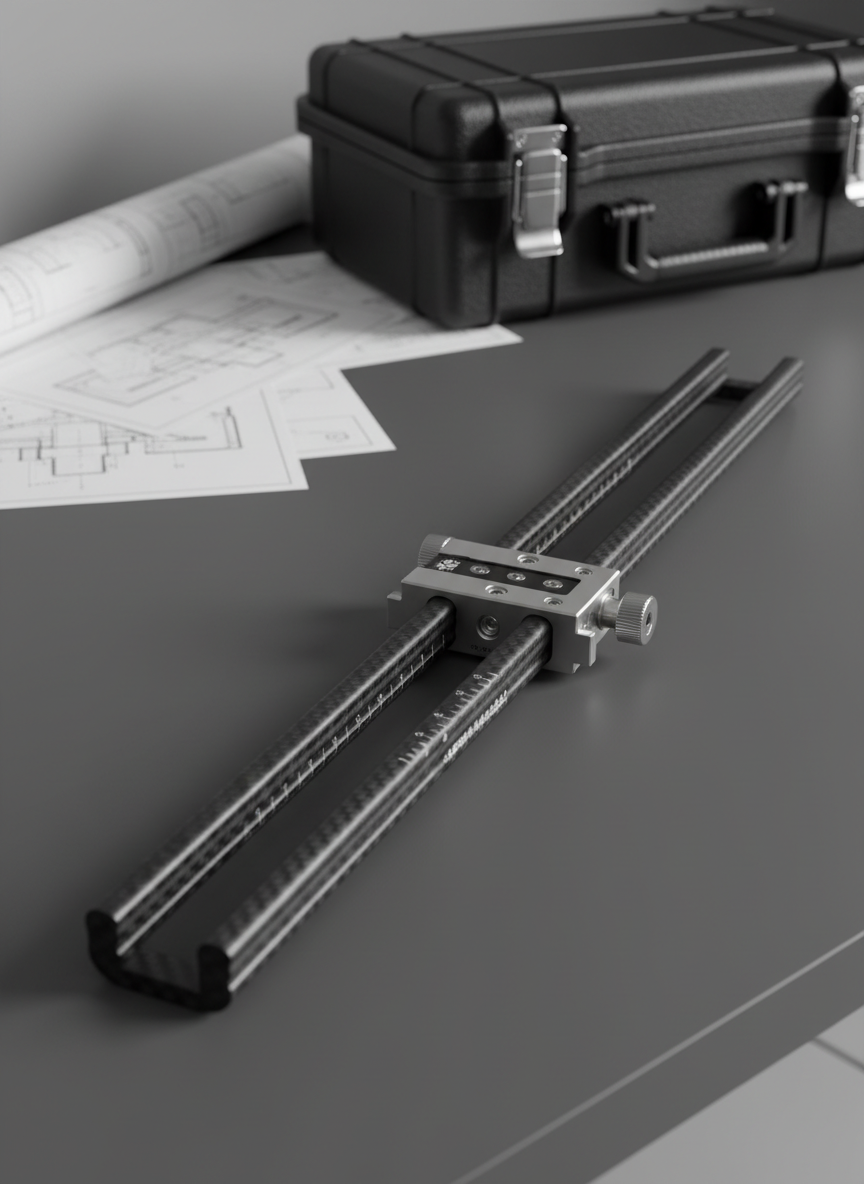 A single, beautifully crafted carbon fiber camera slider from セピア株式会社 resting on a smooth dark gray workstation surface, its weave pattern clearly visible along the rails, with low-friction metal bearings and laser-etched measurement markings shimmering subtly. In the background, out-of-focus technical blueprints and a closed rugged equipment case hint at engineering expertise. Soft, even studio lighting from both sides highlights the textures of carbon fiber and brushed aluminum, creating gentle, controlled shadows. Photographic realism, captured from a slightly elevated three-quarter angle, with the slider running diagonally across the frame to emphasize length and precision. The mood is calm, exacting, and highly professional, underscoring the brand’s commitment to original, high-performance shooting gear.