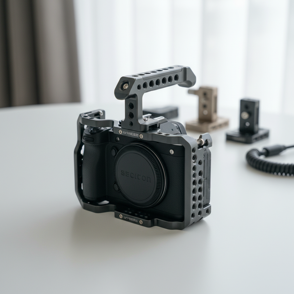 A close-up of a compact, original-designed camera cage by セピア株式会社 mounted around a mirrorless body, resting on a pristine white tabletop. The cage features multiple threaded mounting points, an integrated top handle with fine knurling, and chamfered edges that catch the light. In the softly blurred background, neutral-toned modular accessories and a coiled cable suggest expandability. Soft, diffused daylight from an unseen window to the right mixes with gentle fill from the left, creating a bright yet controlled look with subtle, natural shadows. Photographic realism, shot at eye level with shallow depth of field, centering the cage while leaving negative space for potential text overlays. The atmosphere is clean, modern, and design-focused, highlighting the brand’s innovative approach to user-centric camera rig solutions.