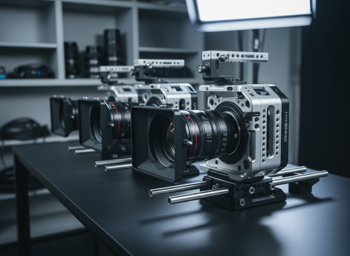 A lineup of meticulously engineered professional camera rigs displayed on a seamless matte black studio table, each with custom-designed aluminum cages, precision-machined rails, and modular brackets engraved with the セピア株式会社 logo. Behind them, a softly blurred backdrop of neutral gray equipment shelves reinforces a clean, technical environment. Cool, diffused studio lighting from above and slightly behind creates crisp reflections on anodized metal edges and soft shadows beneath each rig. Photographic realism, shot at eye level with a slight angle for depth, using a shallow depth of field to keep the frontmost rig in razor-sharp focus. The mood is highly professional, precise, and trustworthy, ideal for a top-level website hero image about original photography equipment design.