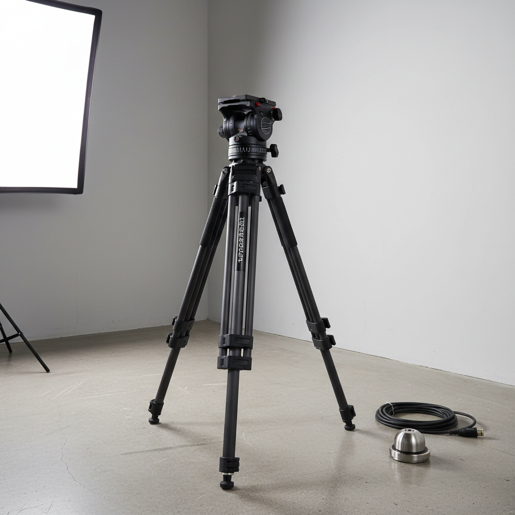 A specialized heavy-duty tripod system from セピア株式会社 set up in a minimalist industrial studio corner, with exposed concrete floor and a smooth light-gray wall. The tripod’s thick, matte black legs, oversized locking levers, and custom fluid head with precise calibration markings are all clearly visible. A coiled cable and a compact leveling base rest nearby, softly out of focus. Strong but diffused side lighting from a large softbox on the left creates clean shadows that emphasize stability and robustness. Photographic realism, shot from a slightly low angle to make the tripod feel imposing and reliable, with moderate depth of field. The mood is solid, confident, and professional, ideal for communicating reliability and durability of original support systems on a product showcase page.