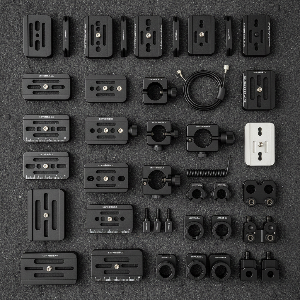 An overhead view of a neatly arranged flat lay of セピア株式会社’s original small accessories for shooting equipment: precision-machined quick-release plates, low-profile clamps, finely knurled knobs, cable management clips, and mini cold-shoe adapters, all in a tasteful mix of matte black, deep gray, and raw aluminum finishes. They are organized on a dark, slightly textured background that subtly resembles technical foam in equipment cases. Soft, even studio lighting from above minimizes harsh reflections while revealing edge bevels and engraved markings. Photographic realism with sharp focus across the frame, emphasizing order and attention to detail. The mood is highly organized, technical, and reassuring, suitable for a catalog or components page that communicates the breadth and refinement of the company’s original accessory lineup.