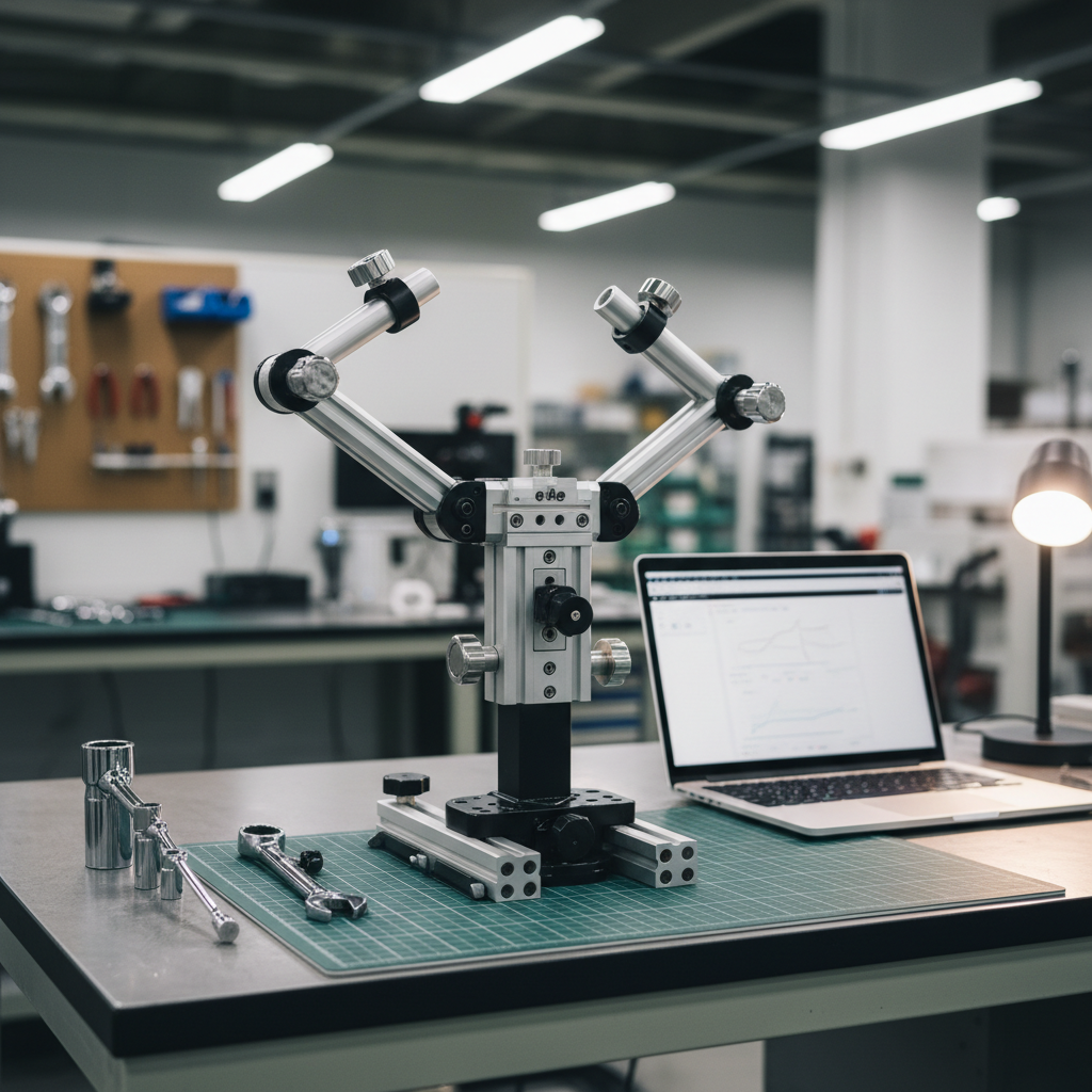 A dedicated product testing corner at セピア株式会社’s facility, featuring a sturdy, custom-designed camera support rig clamped to a heavy steel workbench with a gridded cutting mat. Around it lie neatly organized torque wrenches, calipers, and an open laptop showing faint technical graphs on a dimmed screen, all softly blurred to keep focus on the rig’s machined joints and tension knobs. Cool, balanced overhead lighting combined with a subtle side light from the right reveals brushed metal textures and fine machining marks. Photographic realism, composed using the rule of thirds from a slightly elevated perspective, with a medium depth of field to show context without clutter. The mood is methodical, engineering-driven, and highly professional, emphasizing rigorous testing behind the company’s original shooting equipment.