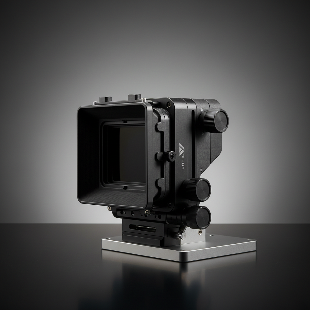 An advanced modular matte box system designed by セピア株式会社, constructed from lightweight black anodized aluminum and high-impact polymer, mounted to a neutral-colored test rig on a smooth, reflective black surface. Interchangeable filter trays, fine knurled adjustment knobs, and a subtle engraved logo are all in sharp focus. A soft gradient studio background transitions from dark charcoal to light gray. Directional key lighting from the left creates controlled highlights on edges and deep, crisp shadows that emphasize form and geometry. Photographic realism, with a close-up, slightly low-angle composition that makes the matte box appear robust and reliable. The atmosphere is technical, precise, and minimal, perfect for showcasing original optical accessories on a product details page.